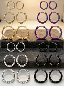 12 Pairs Fashion Simple Stainless Steel Earrings Set, Hoop Shape Earrings, Various Colors and Sizes, Perfect for Daily Use or Parties, Great Gift Idea