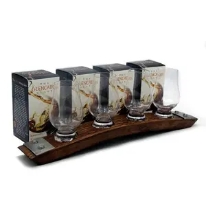 Barrel-Art Premium 4 Glass Glencairn Whiskey Flight - Bourbon Barrel Stave with Glass Option