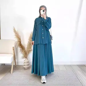 Muslim Skirt Suit Women Blouse Single Breasted Pockets Tops Long Skirts Two Piece Set Morocco Ensemble Dubai Arab Casual Outfits