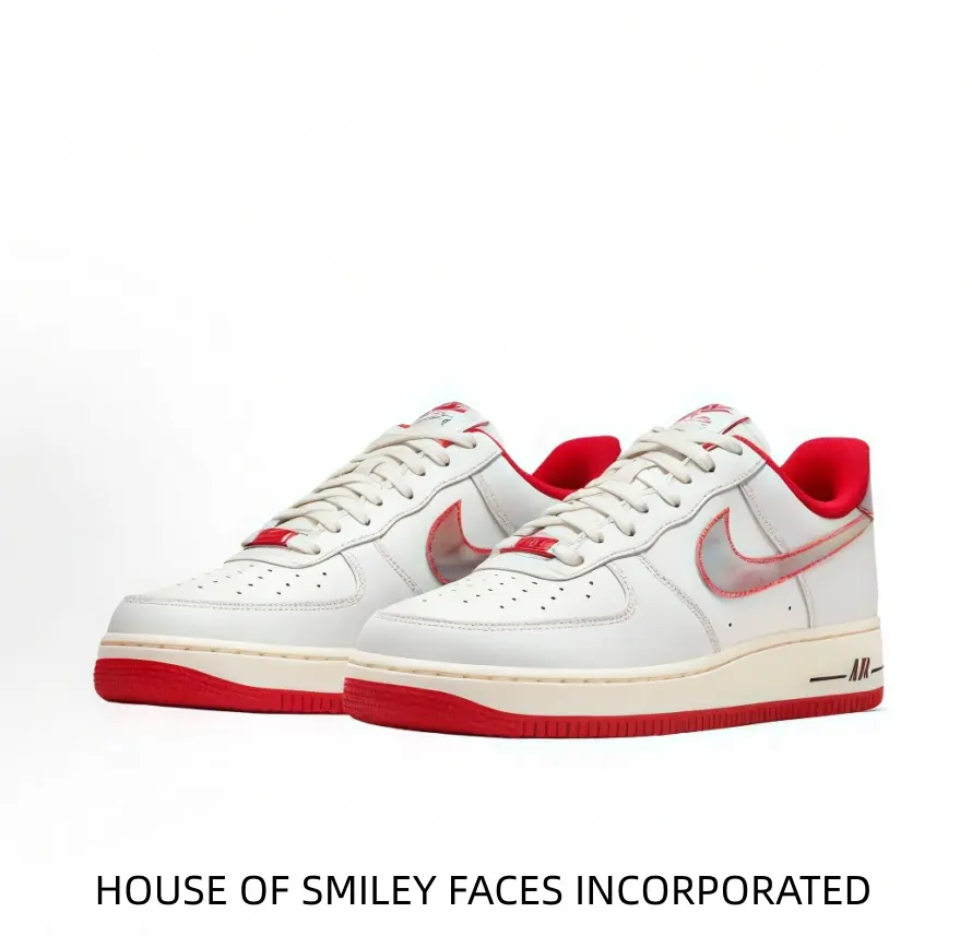 Premium smooth off-white low-top sneakers with striking red accents. Timeless color combination matches all spring and summer casual wardrobe selections.
