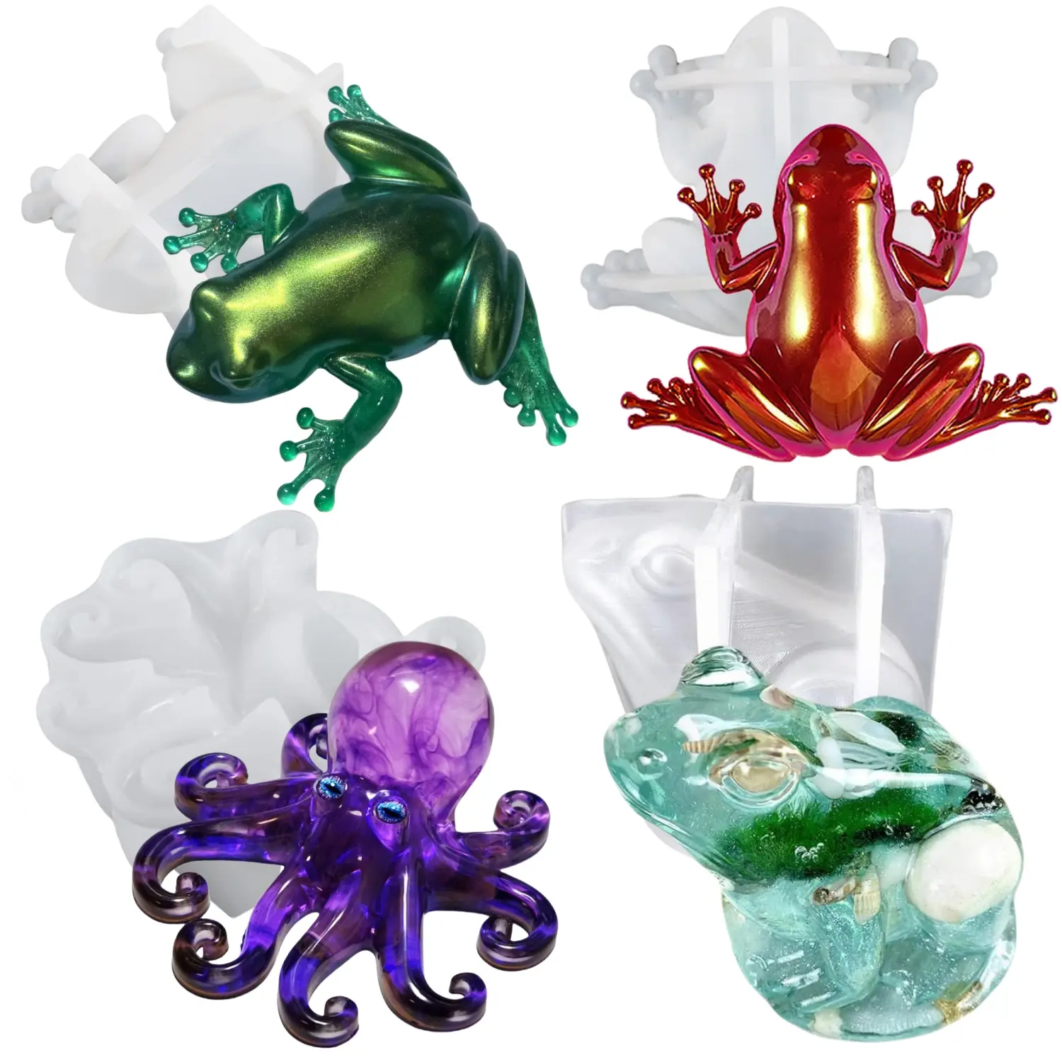 4pcs Silicone Frog & Octopus Epoxy Resin Molds - DIY Animal Molds for Birthday Gifts, Desktop Aquarium Ornaments, No