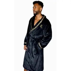 Black Royalty Robe with Gold Greek Key Trim- soft plush fleece mens bathrobe with pockets - mens casual wear housecoat Long Sleeve Nightwear Menswear Loungewear