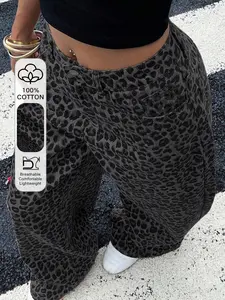 Women's Leopard Print Jeans Wide Leg Pants, Elastic Waistband, Slant Pocket Design, Perfect for Daily Wear and Commuting
