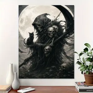 Gothic Dark Academy Style Halloween Wall Art - Death Reaper & Soul Reaper Under Desolate Moonlight, Pre-Drilled for Easy Hanging, Spooky Home Decor for Living Room, Bedroom, Bathroom, Kitchen Paintings Decoration