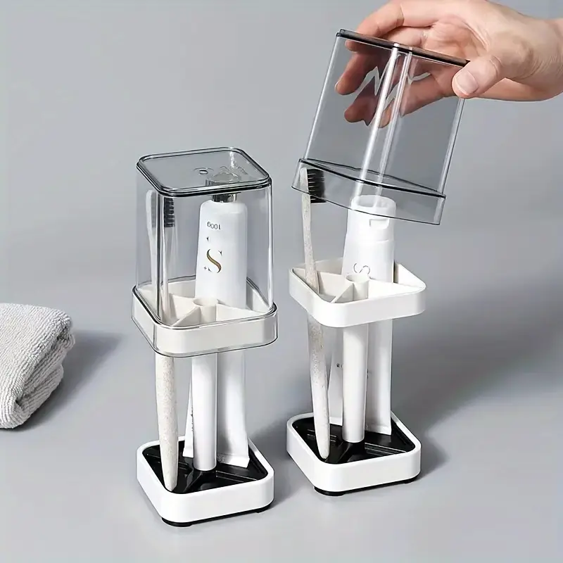 Modern Couple Toothbrush Storage Rack - Countertop Toothbrush Holder with Dual Slots for 2 Brushes, Waterproof, Odourless Gargle Cup, No Battery, No Fragrance Bottles, 1-Piece Bathroom Accessory, Countertop Toothbrush Holders, Dual Slots For Two Brushes