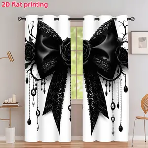 2D Flat - 2D Flat - 2pcs Gothic Lolita Black Lace Bow Printed Curtain Panel| Rose Thorns Design, Grommet Perforated, Semi Sunshade, Polyester, Art Deco Style, Uncorded, Suitable for Living Room, Bedroom, Kitchen, Study Window Decoration