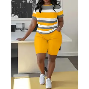 Soft Skin-Friendly Striped 2 Piece Set, Plus Size Short Sleeve T-Shirt & Stretch Shorts, Women’s Loungewear Casual Activewear