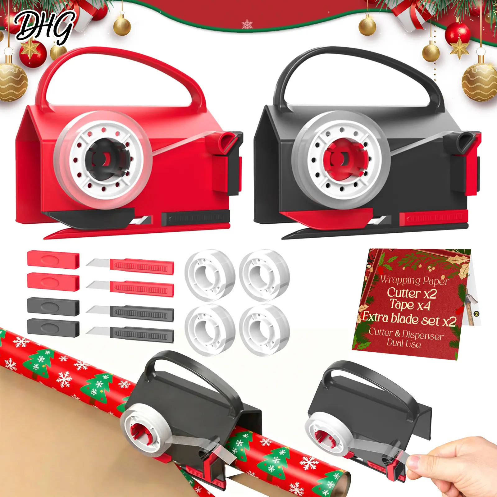 DHG 2 Pack Dual-Use Wrapping Paper Cutter & Tape Dispenser Kit, Includes 4 Rolls Tape & 2 Replacement Blades, Sliding Roll Slicer Holder for Christmas Kraft Cellophane Paper, Home Office Classroom Birthday Gift Cutting Supplies