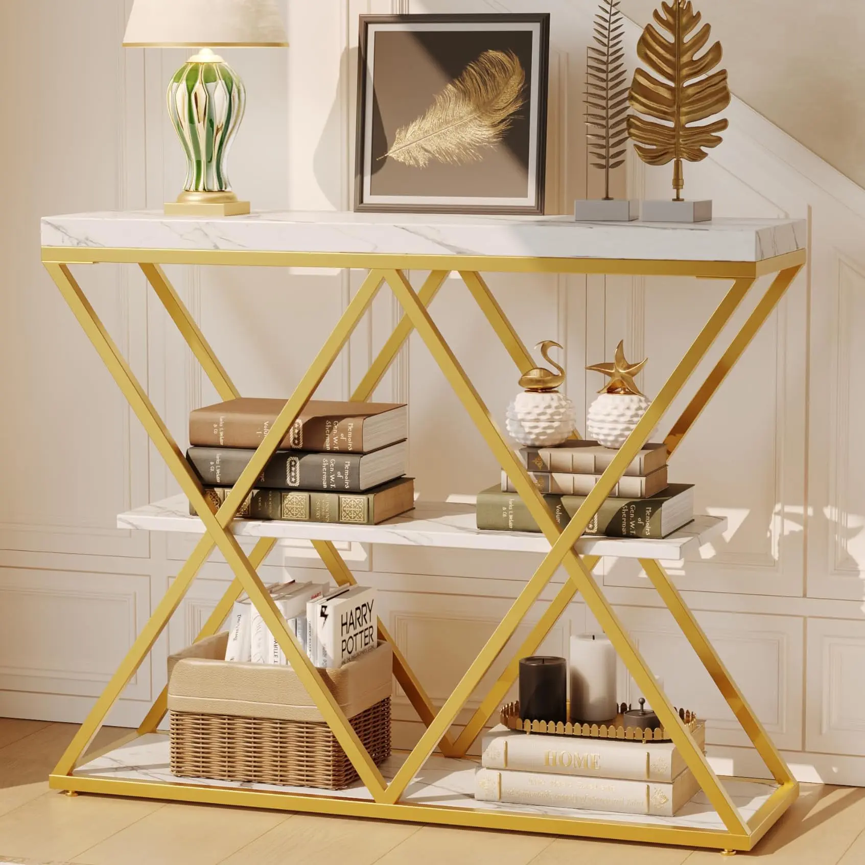 Garvee Industrial 3-Tier Console Table with X-Shaped Metal Frame and Open Shelves for Storage, Perfect as a Sofa Table for Entryway, Living Room, Hallway, or Foyer, Featuring Rustic Wood Top and Adjustable Feet