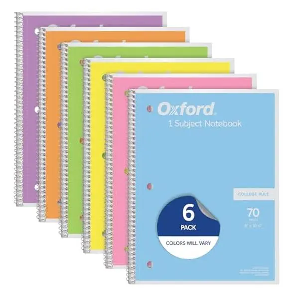 Oxford Spiral Notebook, 1 Subject, College Ruled Paper, 8 x 10-1/2 Inch, Pastel Pink, Orange, Yellow, Green, Blue and Purple, 70 Sheets (63756), Set of 6