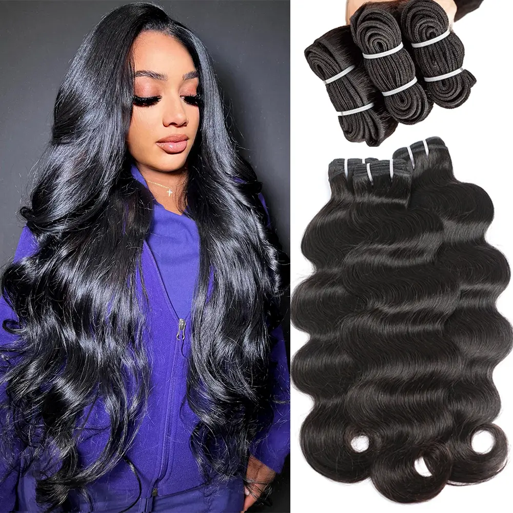 PUNMASA 100% Unprocessed Brazilian Body Wave Human Hair Bundles with Closure, 1/3/4 Bundles, True Length Atlvirgin Hair Extensions, Double Weft, Quick Weave Sew-in/Glue-in for Outdoor Use, Bundles + Closure