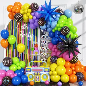 Neon Balloon Arch Kit Disco Rainbow Glow-in-the-Dark Balloons with Foil Stars for 80s/90s Party
