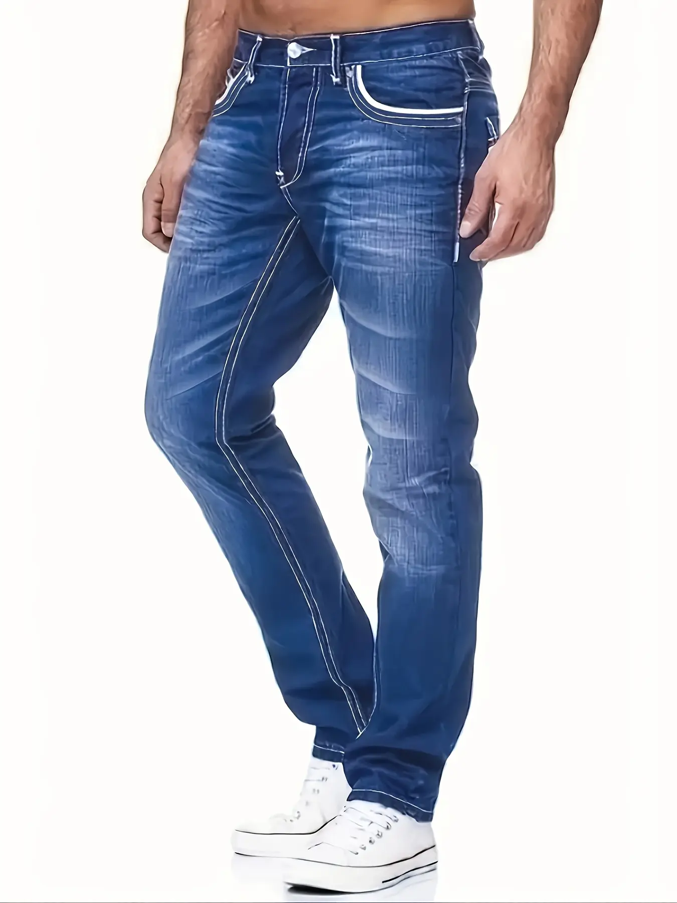 Classic washed stretch denim jeans for men — retro design with blue thread embroidery, white contrast stitching, slim straight fit, casual long pants