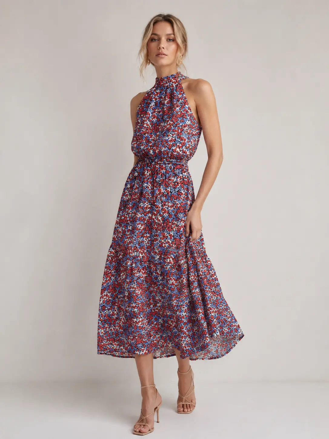 2026 Summer Women Halter Sleeveless Floral Midi Dress, Elastic Waist Tiered Flowy Vacation Midi Dress, Boho Beach Casual Summer Dress