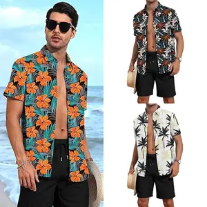 Men's Hawaiian Shirt and Shorts Set 2 Piece Outfit Tropical Floral Monstera Palm Tree Print Button Down Short Sleeve Beach Shirt Matching Shorts Summer Vacation Aloha Set for Men XS-5XL Big and Tall Resort Wear