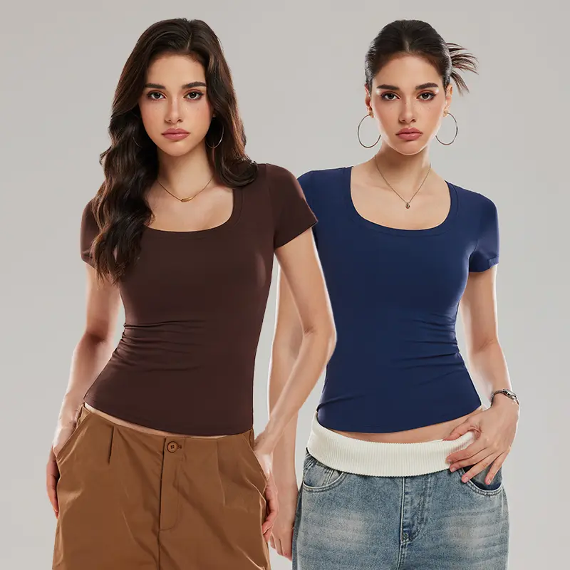 Airfree Women's 2-Pack Scoop Neck T-Shirt Short Sleeve - Soft Stretch Slim Fit Basic Tops, Everyday Essentials, Summer Outfit Minimalist