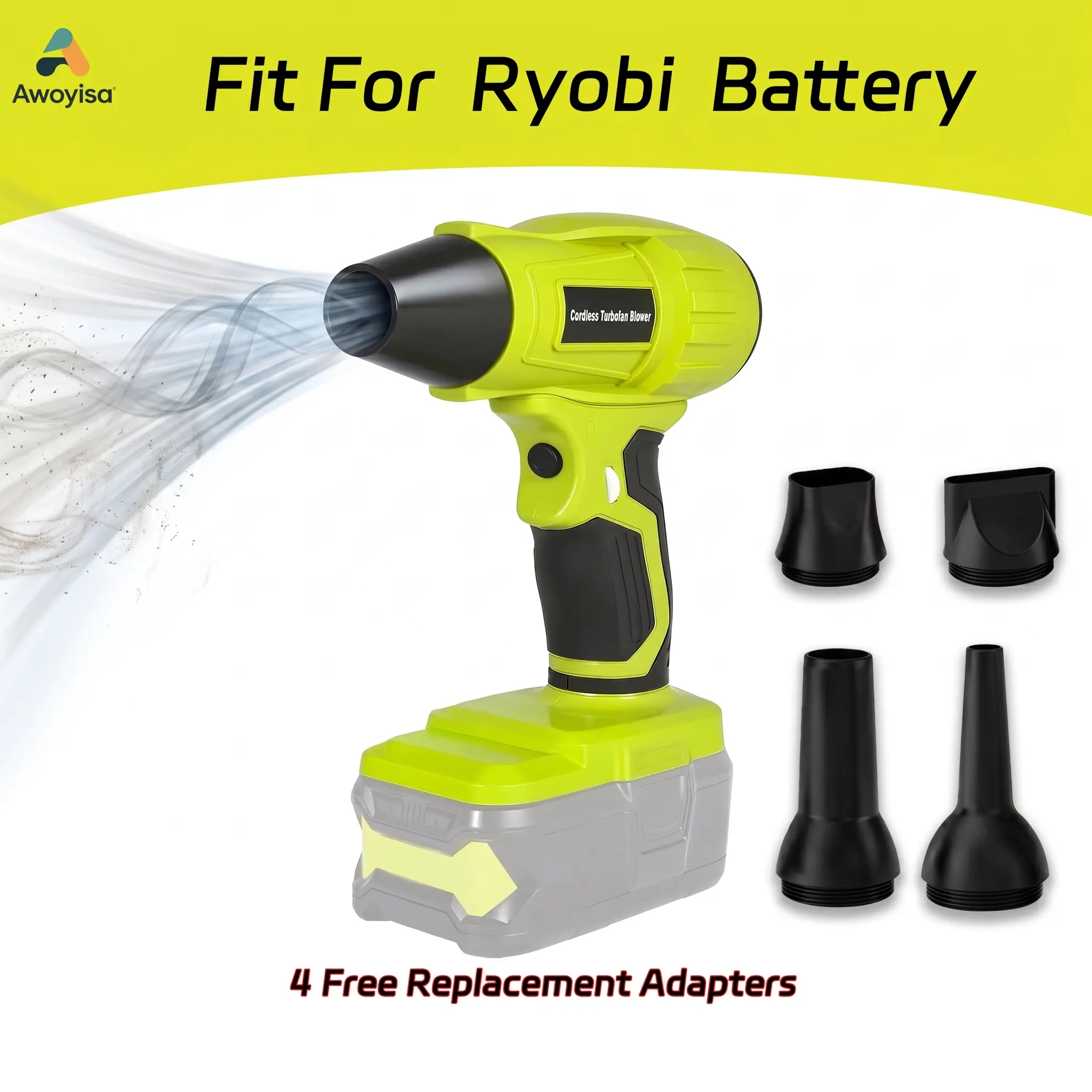 Brushless Motor Blower Awoyisa 2026 Upgraded Version , Dust Cleaning (Compatible with Ryobi 18V Battery, Tool Only), 5-in-1 Compact Duster for Computer, Keyboard, Car Seats, Yard Debris, Patio Driveway   (Battery Not Included)
