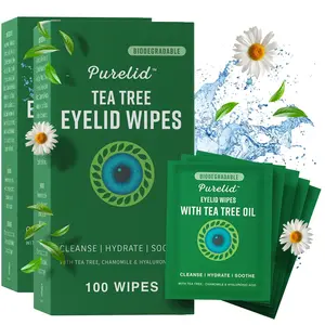200 PCs Tea Tree Eyelid Wipes Cleaning Eye Wipes for People with Dry Eyes Gentle Eyelid Cleanser with Hyaluronic Acid Chamomile and Aloe Individually Wrapped & Biodegradable 2 pack
