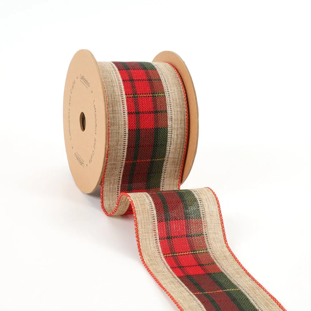 2 1/2" Burlap Holiday Wired Ribbon | "Plaid" Natural/Black/Red l 10 Yard Roll wreath making Christms tree decor