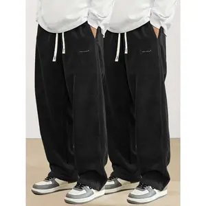 Men's 2pcs Heavy-Duty Corduroy Pants - Loose Straight-Leg Mid-Rise, Drawstring Waist + Side Pockets Winter Easy-Care Trousers