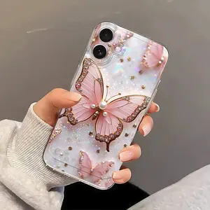 Sparkling Pearl Butterfly Phone Case, Transparent Glitter Print, Anti-Drop Full Coverage, Luxurious Dreamy Protection for iPhone 17 Pro Max