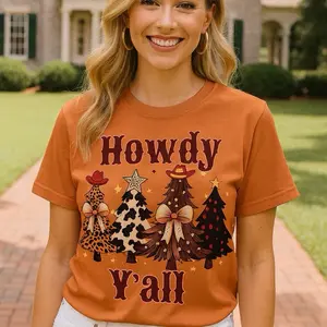 Howdy y’all Bright Colorful fall Christmas Trees Graphic T-shirt Streetwear Top Casual Fitted Short Sleeve Crewneck T-shirt Everyday Womenswear Tshirt Shortsleeve
