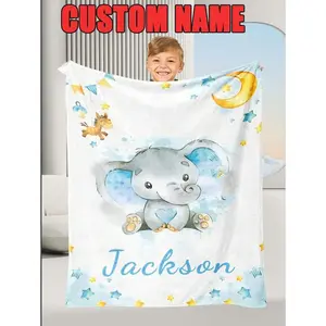 1pc Custom Personalized Color Name Throw Blanket, With Good Night Blue Elephant Cute Blanket For Girl Boy Great Holiday Gift For Daughter,Son,Classmates, Friends,Super Soft Warm Gorgeous Cozy, For All Seasons, Suitable For Indoor, Camping, Air-Conditioned