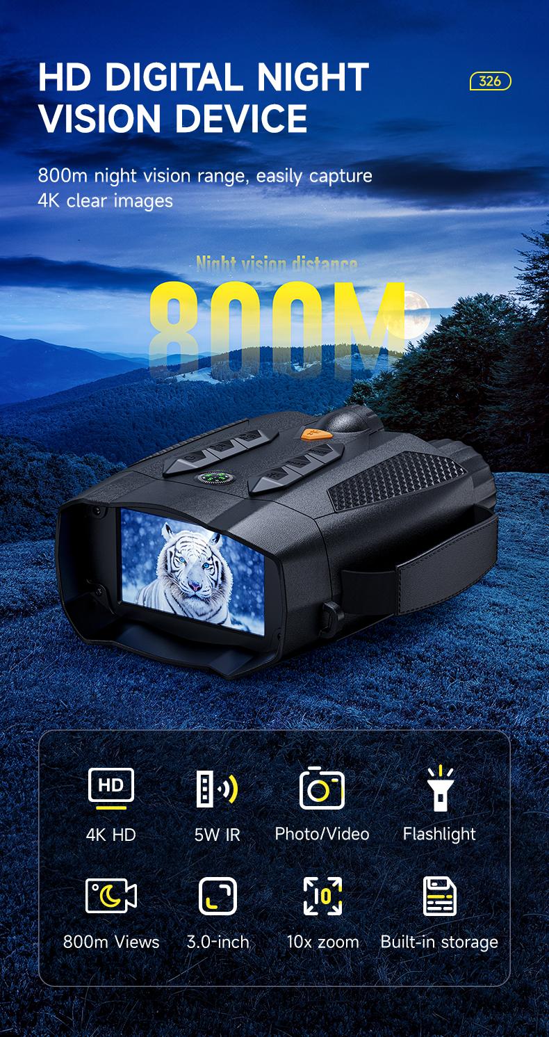 4K HD Night Vision Binoculars, 800m Viewing Range, 3.0" Screen, 5W IR, Photo/Video, Built-in Flashlight, Night Vision Goggles for Hunting, Camping, Surveillance