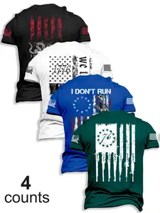 Men's Flag Graphic Pattern Print Round Neck Short Sleeve T-Shirt Set of 4, Casual Comfortable Menswear Top for Fall Winter Outdoor Wear
