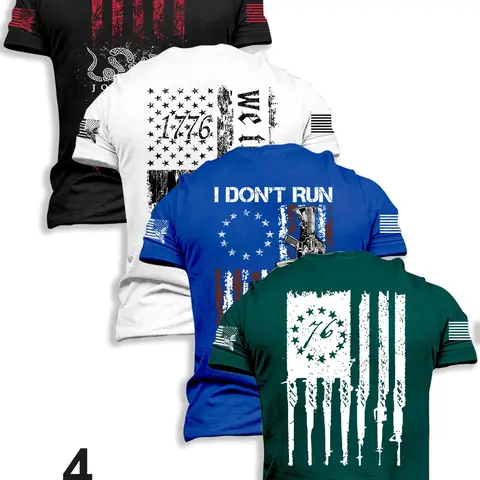 Men's Flag Graphic Pattern Print Round Neck Short Sleeve T-Shirt Set of 4, Casual Style Tee, Casual Classic Comfortable Menswear Top for Fall Winter Outdoor Wear