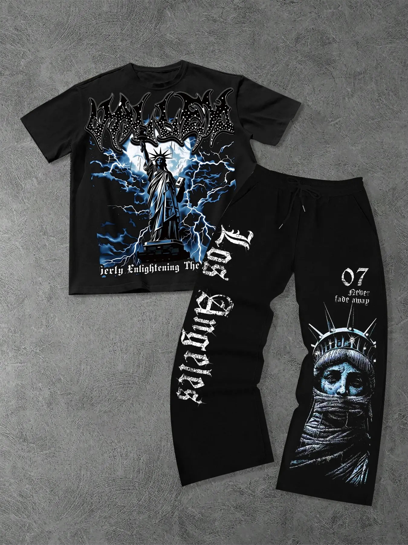 Men's Spring Summer Set, Casual Loose Fit Printed Top with Drawstring Wide Leg Pants, Los Angeles Goddess Pattern, Streetwear Essential