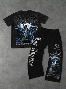 Men's Spring Summer Set, Casual Loose Fit Printed Top with Drawstring Wide Leg Pants, Los Angeles Goddess Pattern, Streetwear Essential