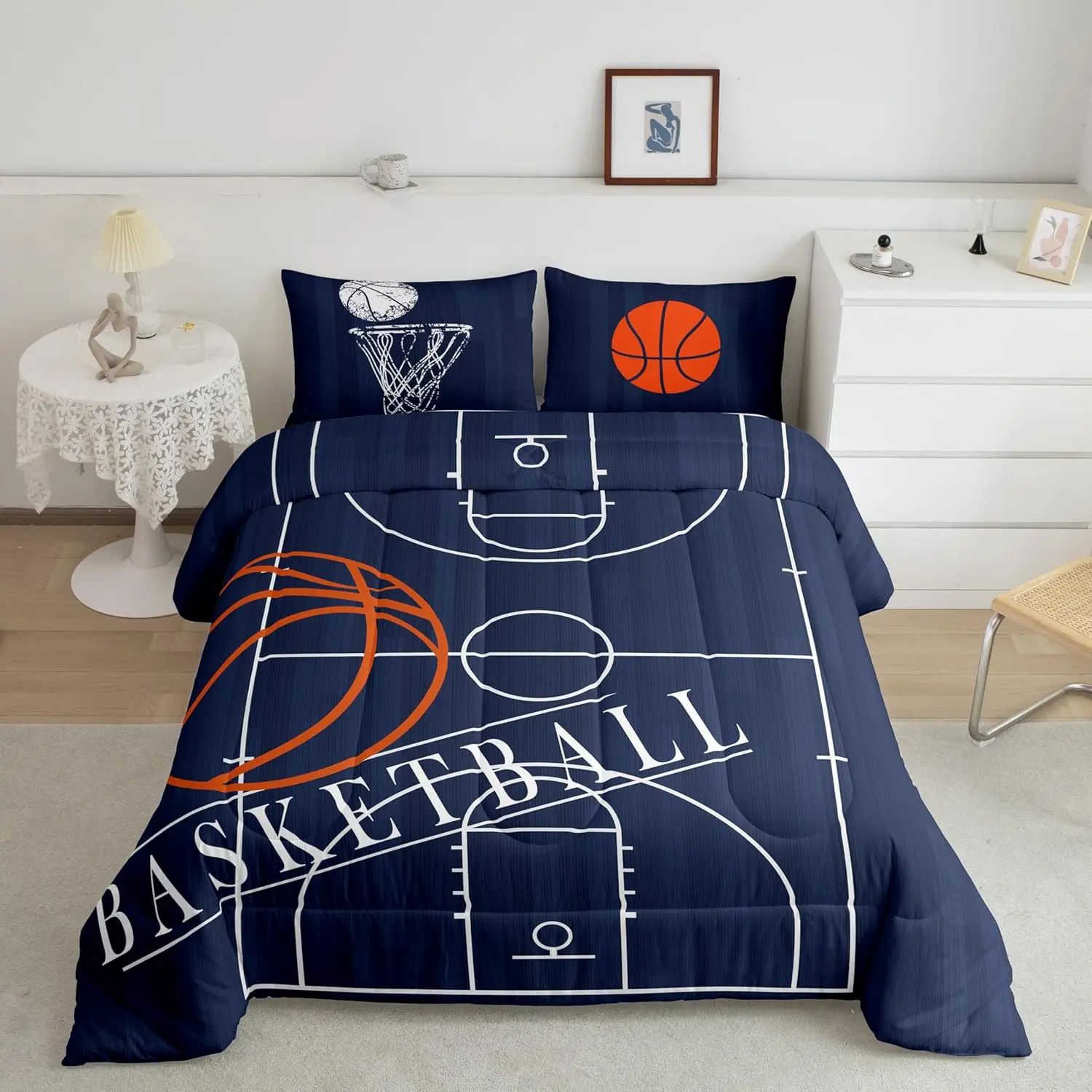 Feelyou Kids Basketball Printed Reversible Down Comforter Set - Breathable, Skin-Friendly, Soft Warm Bedding Sets Supplies for Camping, Dormitory - Complete Sports-Themed Bedding for Kids, Bed Sets Supplies