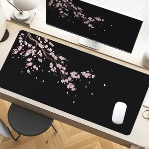Cherry Blossom Pink Black Desk Pad Gaming Mousepad XXL Mouse Pad For Laptop Desk Mouse Pad Extra Large With Non-Slip Rubber Base Stitched Edges Surface For PC Gamers Office Workers & Home Use Desk Accessories Perfect Spring Gift Idea