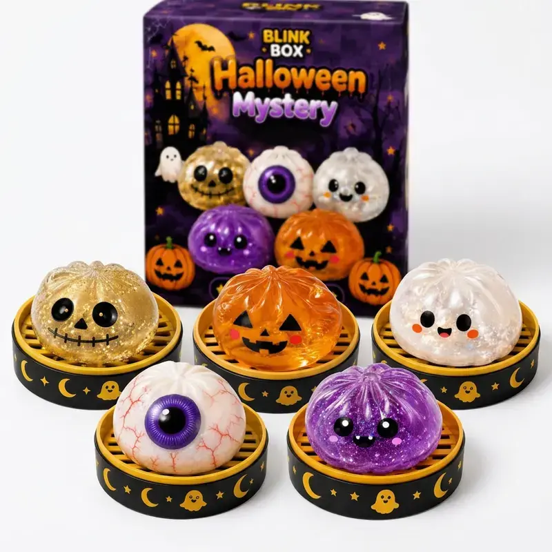 5PCS Halloween Mystery Squishy Box - Cute Slow Rise Pumpkin Fidget Toys, Spooky Stress Relief Toy, Random Surprise Halloween Gift
