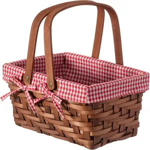 Wickerwise Small Rectangular Woodchip Picnic Basket with Double Folding Handles, Natural Hand-Woven, Red and White Gingham Lined – Ideal for Outdoor Picnics, Camping Gifts