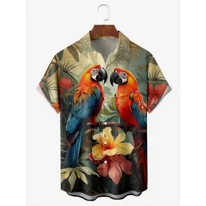Men'S Hawaiian Parrot Floral 3D Digital Print Short Sleeve Shirt with Button Pocket, Polyester 100%, Vacation Style,  Summer Casual Wear Top Menswear Tropical Collared Multicolor Shortsleeve