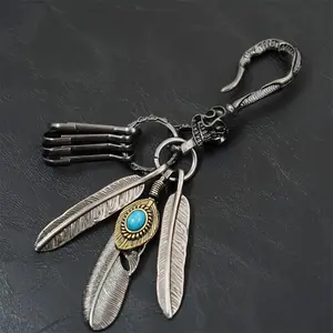1pc New Ancient Silvery Pendant Feather Turquoise Keychain