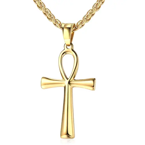 Women's Silver-Gold Plated Coptic Ankh Cross Pendant Necklace - 52mm x 25mm Egyptian Ethnic Religious Emblem, Lead-Nickel Free Long Stainless Steel Pendant, Birthday Christmas Fashion Accessory