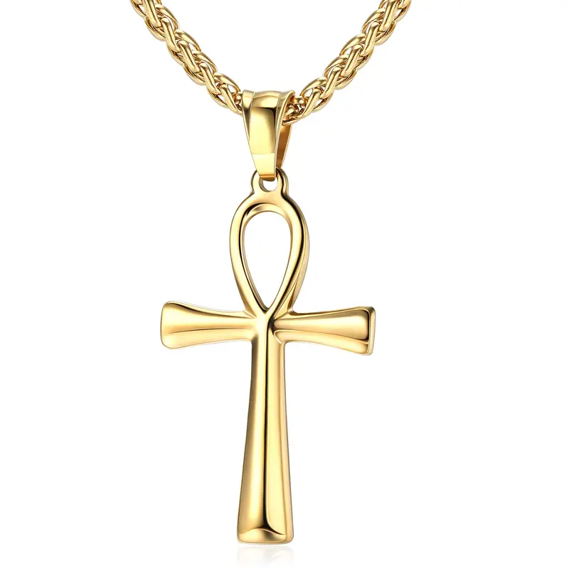 Women's Silver-Gold Plated Coptic Ankh Cross Pendant Necklace - 52mm x 25mm Egyptian Ethnic Religious Emblem, Lead-Nickel Free Long Stainless Steel Pendant, Birthday Christmas Fashion Accessory