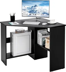 Homedoki 90-Degree Triangle Corner Home Office Desk, Space-Saving Office Furniture with Storage Shelves & CPU Stand, Compact Area Multifunctional Desk for Small Spaces, Black Bedroom Makeup Vanity