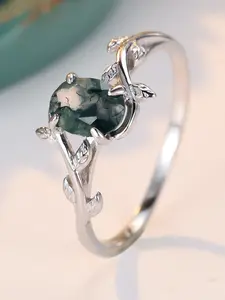 Geometric Oval Rings for Women & Girls Seaweed Agate Inlay Fashion Simple Design Engagement Ring Daily Wear Jewelry Accessory for All Seasons