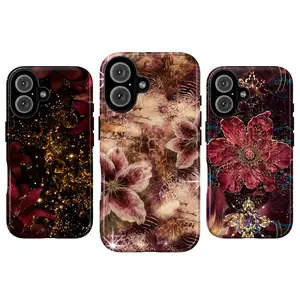Vintage Burgundy Flower iPhone Case for iPhone 17 16 15 14 13 12 11 Pro Max Plus, Elegant Floral Botanical Phone Cover, Dark Feminine Aesthetic Glitter Case, Gift for Her