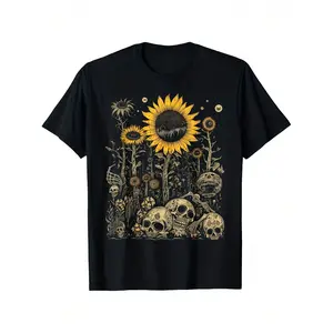 Gothic Sunflower & Skull Graphic T-Shirt for Men - Macabre Floral Celestial Print, Black Relaxed Fit Crew Neck Short Sleeve, Soft Breathable Cotton, All-Season Casual, Gothic Boho Alternative Style, Machine Washable target bacon vintage