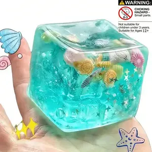 Stress Ice Cube Fidget Toy with Blue Ocean Shells Inside,Stress Balls Cube,  Soft Slow Rise Stress Relief Sensory Toys for Adults Teenage Classroom Prizes fidget,Children's Day gift,adult fidget toy