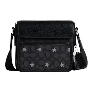 COACH Sullivan 20 Star-Embroidered Monogram Leather and Fabric Crossbody Messenger Bag for Women in Charcoal Gray and Black