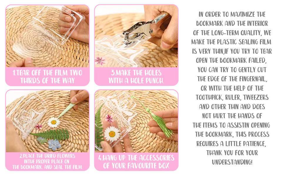 Spring and Summer DIY Transparent Bookmarks and Tassels, Clear Page Clips for Handmade Stunning Dried Flower Bookmarks/Dried Flowers Wishing Bottle