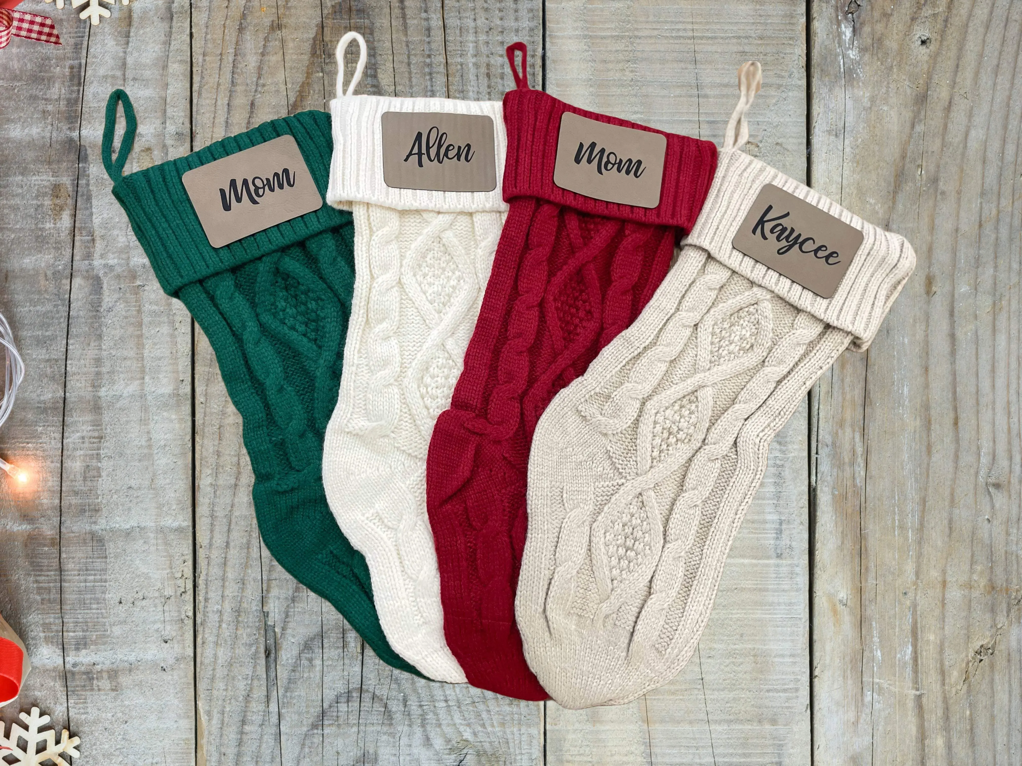 Knitted Christmas Stockings with Personalized Leatherette Name Tags