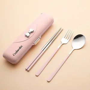 [Personalization] Laser Engraving Butterfly Bow Portable Cutlery Set - 3pcs of Stainless Steel Cutlery with Plastic Handles, Includes Spoon, Fork, Chopsticks and Storage Box - Beautiful Travel Cutlery Set