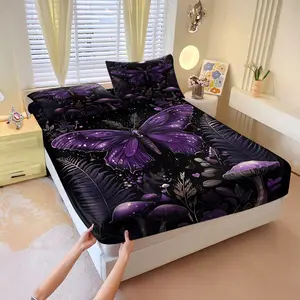 Three Piece Butterfly Mushroom Pattern Printed Fitted Sheet Set, Decorative Bedsheet Sets, Dark Gothic Themed Bedding Set, Soft and Durable Ultra-Fine Fiber Bed Cover, Suitable for Room Decoration, Includes Two Pillowcases (Excluding Pillow Core)